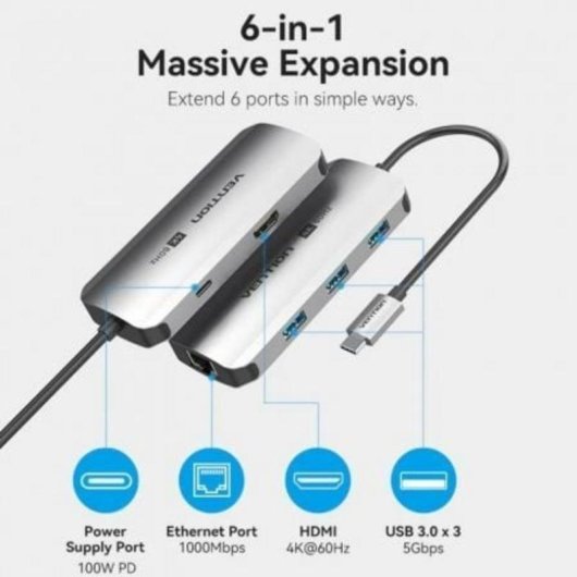 Station d'accueil Vention TQHHB USB-C 6-en-1 HDMI 4K PD 100W