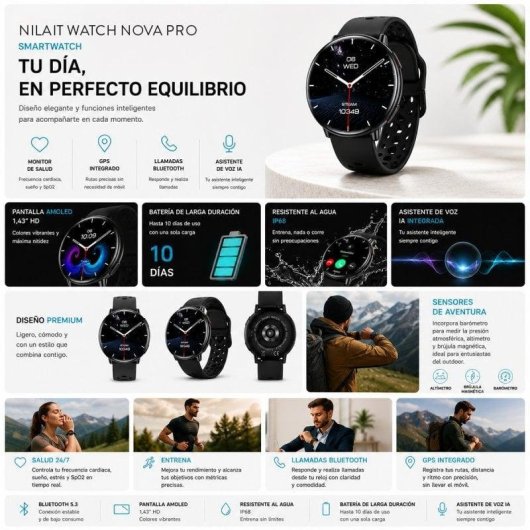Nilait Watch Nova PRO Bluetooth GPS 44,5mm Nero Cinturino 20mm IP68 SpO2 Cardio