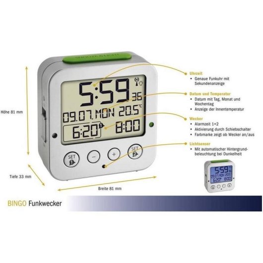 Despertador TFA 60.2528.54 Prata Termômetro Alarme Retroiluminação