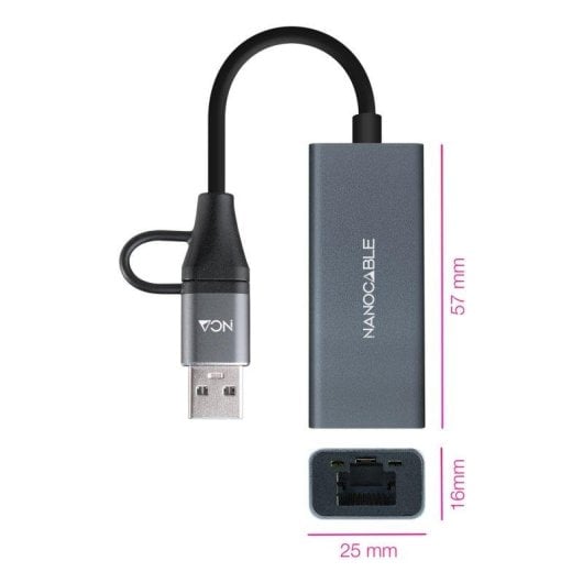 Conversor USB-C a Ethernet Nanocable Gigabit 1000Mbps 15 cm Aluminio Gris