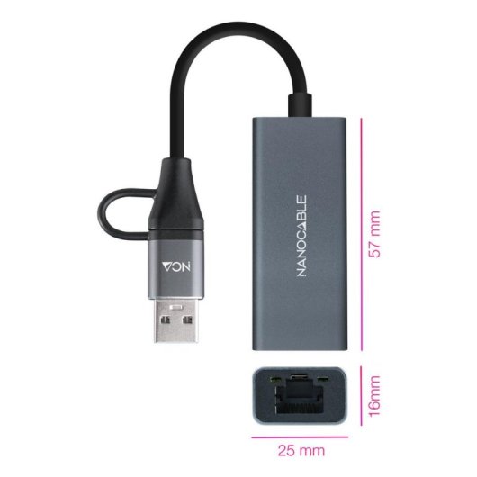 Conversor USB-C a Ethernet Nanocable Gigabit 1000Mbps 15 cm Aluminio Gris