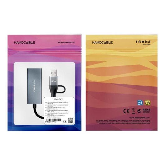 Conversor USB-C a Ethernet Nanocable Gigabit 1000Mbps 15 cm Aluminio Gris