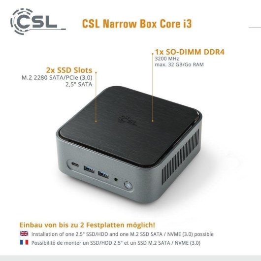 Mini PC CSL Narrow Box Intel Core i3-N305 16GB 2TB SSD Intel UHD Windows 11 Pro WiFi6 Bluetooth