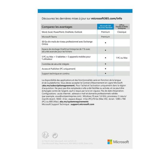 Licencia Microsoft 365 Business Standard 1 licencia 1 año suscripción francés