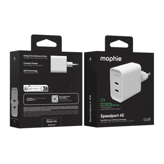 Carregador Mophie Speedport 45 45W GaN USB-C Duplo Branco