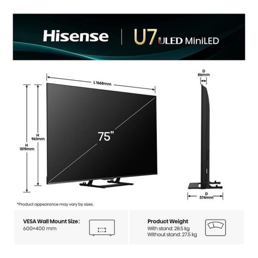 TV Hisense QLED Mini LED 75U79Q 75" 4K UltraHD 144Hz Smart TV VIDAA HDR10+ Dolby Vision IQ FreeSync Premium