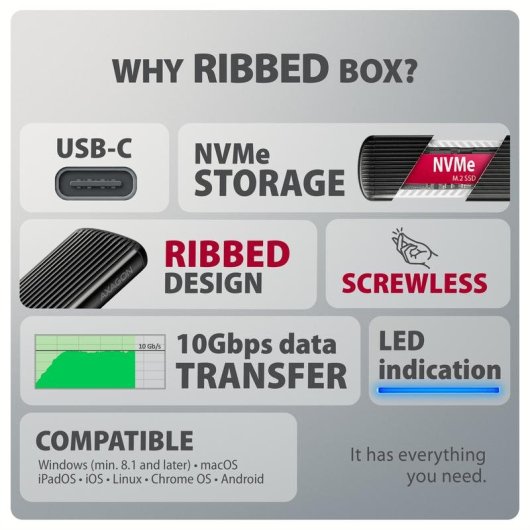 Externe Box Axagon EEM2-SC M.2 Aluminium Grau Schwarz USB-C 10 Gbit/s