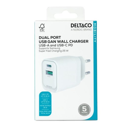 Ladegerät Deltaco USBC-AC159 35W 2 Ports USB-C USB-A Weiß