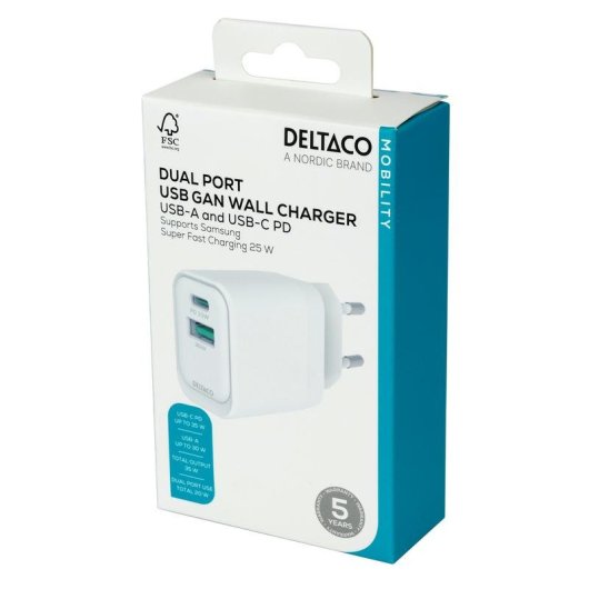 Ladegerät Deltaco USBC-AC159 35W 2 Ports USB-C USB-A Weiß