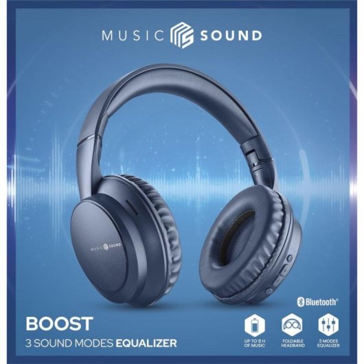 Auriculares Music Sound BOOST sem fios Bluetooth 3 modos EQ Microfone Dobráveis Azul