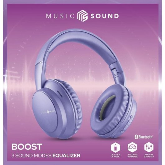 Auriculares Music Sound Boost sem fios Bluetooth 3 modos EQ Microfone Dobráveis Roxo