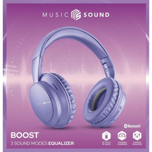 Auriculares Music Sound Boost sem fios Bluetooth 3 modos EQ Microfone Dobráveis Roxo