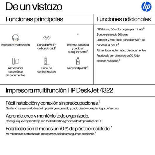 Multifunción HP DeskJet 4322 Inyección de tinta Color WiFi Dúplex ADF LCD