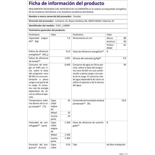 Lavadora Cecotec Bolero DressCode Top 750 Carga Superior 7,5Kg 1200rpm A Blanca Silence