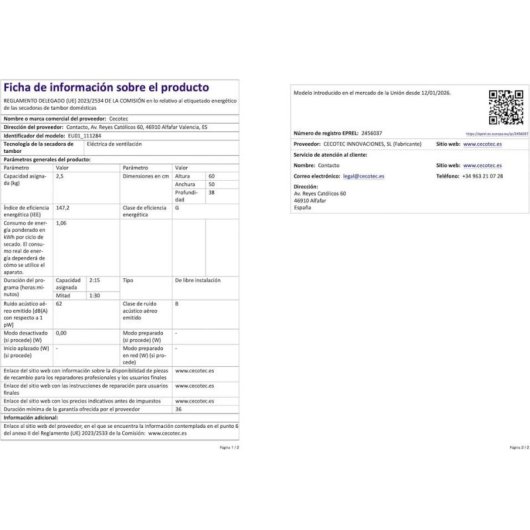 Secadora de evacuación Cecotec Bolero DressCode Dry 3150V 2,5kg 950W ECO