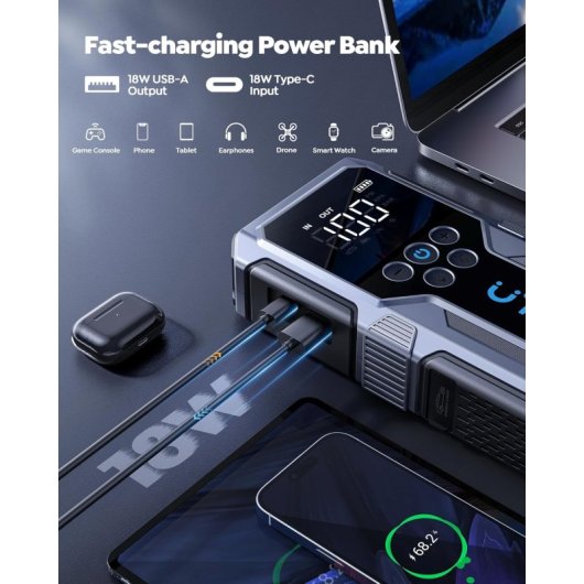 Arrancador De Baterías De Coche Con Compresor De Air,utrai Arrancador De Coches(9l Gasolina O 7.5l Diesel)con 18w Carga 