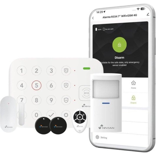 Alarma Nivian IS4 Wifi Inalámbrica Interior Sensor Movimiento RFID App