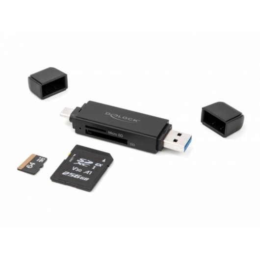 Leitor de cartões Delock SuperSpeed USB 5 Gbps Type-C Type-A SD MicroSD