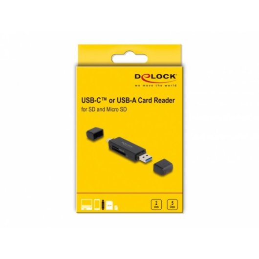 Leitor de cartões Delock SuperSpeed USB 5 Gbps Type-C Type-A SD MicroSD