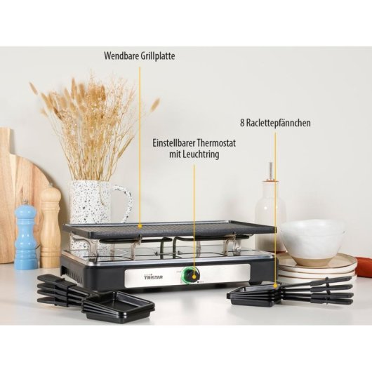 Parrilla de raclette TRISTAR RA-2748 8 personas 1400 W Negro Rectangular 420 x 230 mm Giratorio