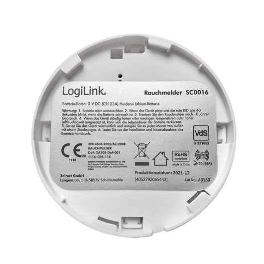 Detector de Humo y Gas LogiLink SC0016 Inalámbrico Alarma 85 dB Superficie Blanco