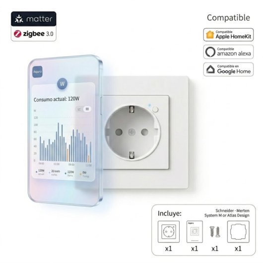 Aqara Wall Outlet H2 EU WP-P01D Zigbee 3.0 – Empotrado 16 A, Consumo | HomeKit, SmartThings, HA