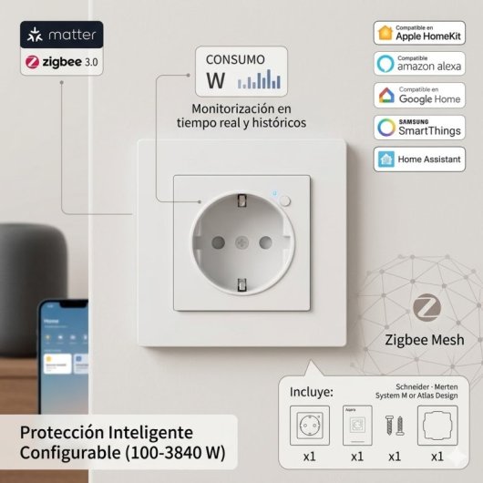 Aqara Wall Outlet H2 EU WP-P01D Zigbee 3.0 – Empotrado 16 A, Consumo | HomeKit, SmartThings, HA