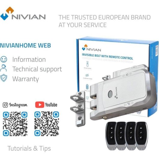 Cerradura inteligente Nivian Cerrojo Invisible Electrónico RF 433 MHz Apertura con mando a distancia y botones táctiles