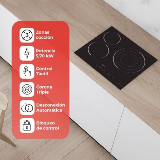 Placa Vitrocerámica Nilson NV3600 60 cm 3 Zonas Triple Corona Cristal Negro Táctil