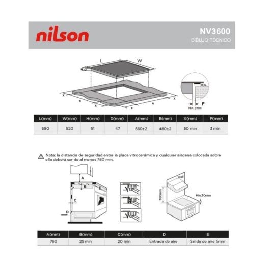 Placa Vitrocerámica Nilson NV3600 60 cm 3 Zonas Triple Corona Cristal Negro Táctil