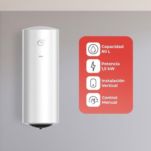 Termo eléctrico Nilson 80L 1500W vertical blanco manual con válvula seguridad