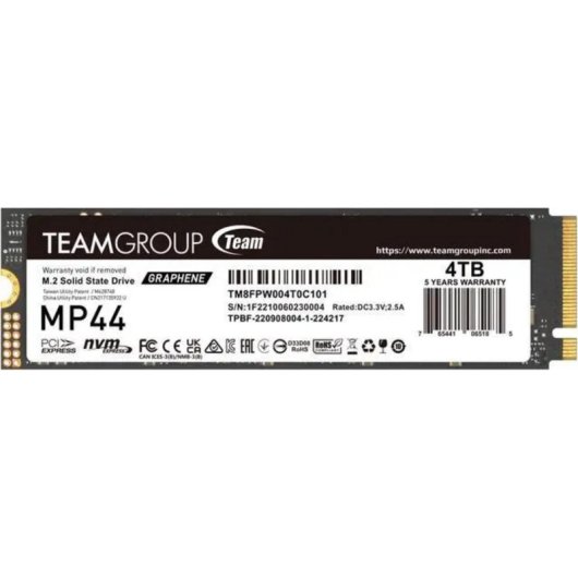 Disco Duro Team Group MP44 4TB M.2 PCIe 4.0 NVMe 7400MB/s + Grafeno