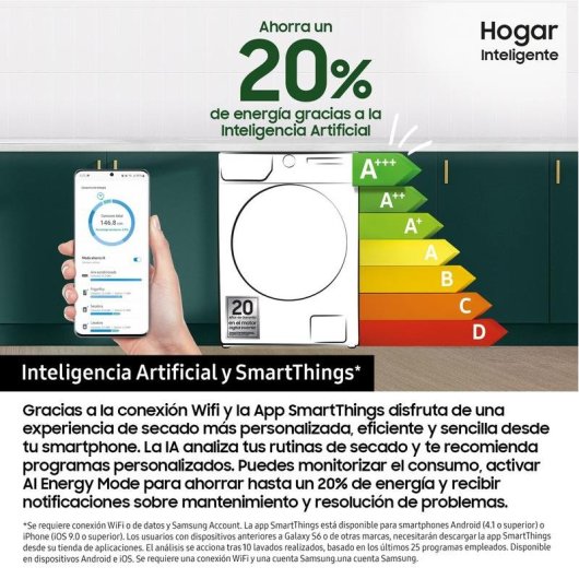Secadora bomba de calor Samsung DV90DG52A0ABEC 9 kg Clase C Wi-Fi y AI
