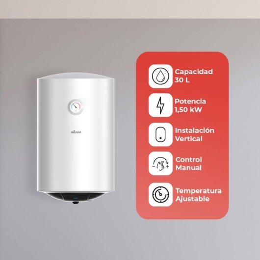 Termo eléctrico Nilson 30L 1500W vertical blanco manual con válvula seguridad