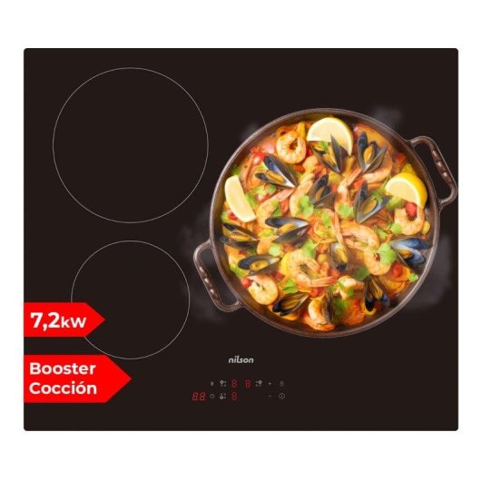 Placa de inducción Nilson NI3600 7200W 52cm 3 Zonas Cristal Negro Táctil