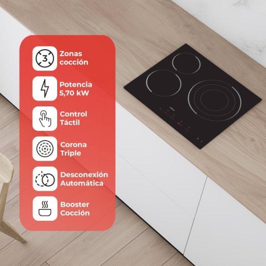 Placa de inducción Nilson NI3600 7200W 52cm 3 Zonas Cristal Negro Táctil