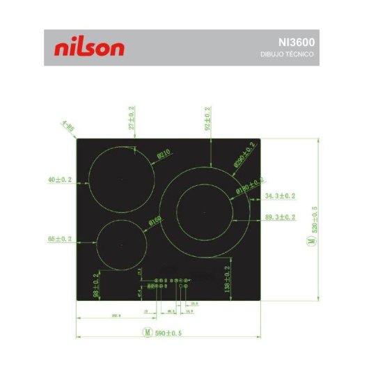 Placa de inducción Nilson NI3600 7200W 52cm 3 Zonas Cristal Negro Táctil