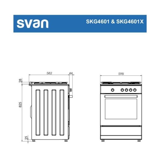 Cocina de gas Svan SKG4601X Ancho 60 cm Inox 4 quemadores horno 59l