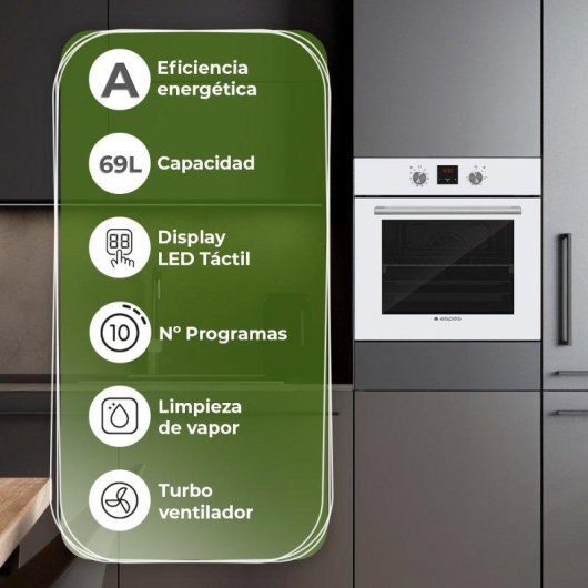 Horno Multifunción Aspes AHM10700DCB Hidrolítico 69L 60cm Doble Grill Cristal Blanco