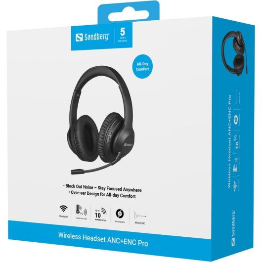 Auriculares Sandberg 126-45 inalámbricos Bluetooth con Cancelación de Ruido, Micrófono y 24h autonomía, negro