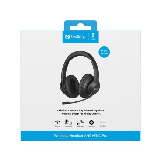 Auriculares Sandberg 126-45 inalámbricos Bluetooth con Cancelación de Ruido, Micrófono y 24h autonomía, negro
