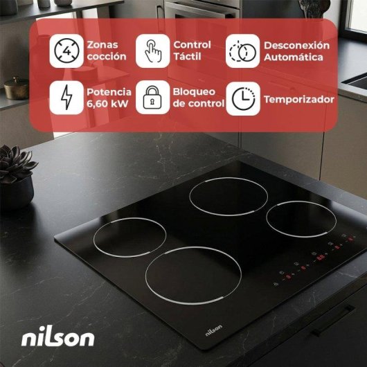 Placa Vitrocemámica Nilson NV4600 4 Zonas 60 cm Cristal Negro Táctil