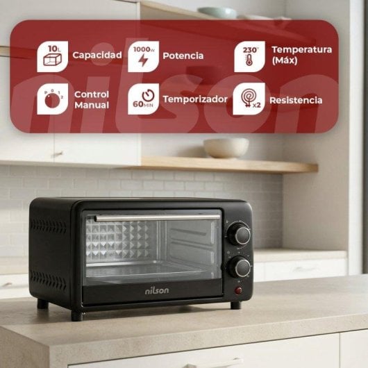 Horno Sobremesa Nilson Life Mini 9L 800W Temporizador Mecánico Negro