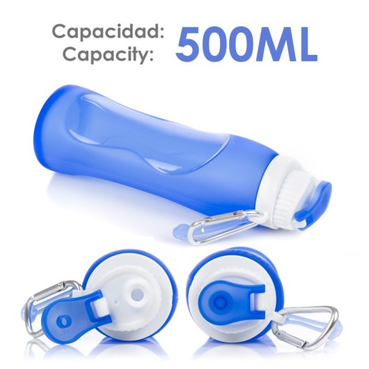 Botella Plegable Enrollable De 500ml, De Silicona De Grado Alimenticio. Con Mosquetón.
