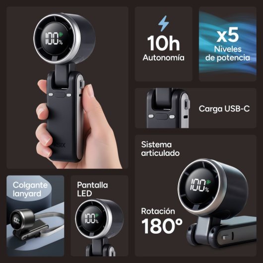 Mini Ventoinha Portátil Ksix Airgo Flex 5 Velocidades 9,0 m/s 13.550 rpm Dobrável Colgante USB-C LED Preto