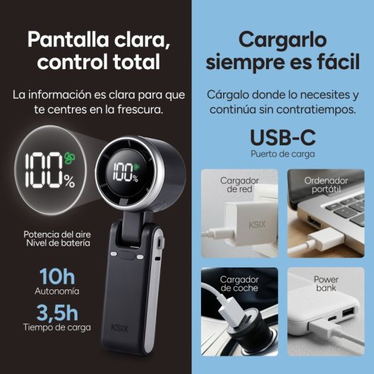 Mini Ventoinha Portátil Ksix Airgo Flex 5 Velocidades 9,0 m/s 13.550 rpm Dobrável Colgante USB-C LED Preto