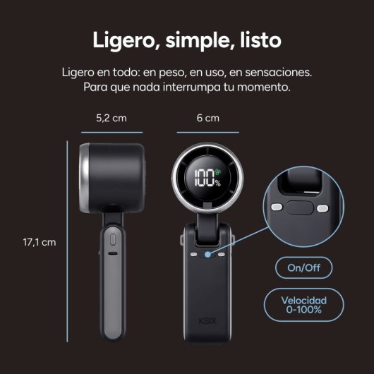 Mini Ventoinha Portátil Ksix Airgo Flex 5 Velocidades 9,0 m/s 13.550 rpm Dobrável Colgante USB-C LED Preto