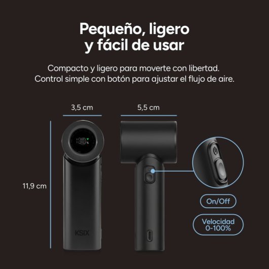 Mini Ventoinha Portátil Ksix Airgo Turbo 5 Velocidades 9,0 m/s 17.400 rpm USB-C Ecrã LED Bege