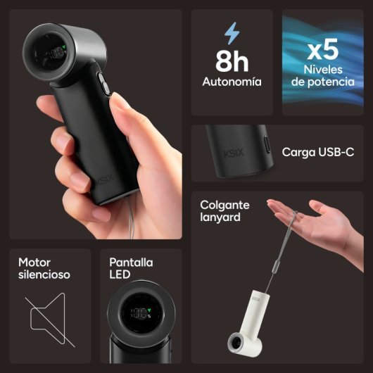 Mini Ventoinha Portátil Ksix Airgo Turbo 5 Velocidades 9,0 m/s 17.400 rpm Bateria 3.000 mAh USB-C Ecrã LED Preta