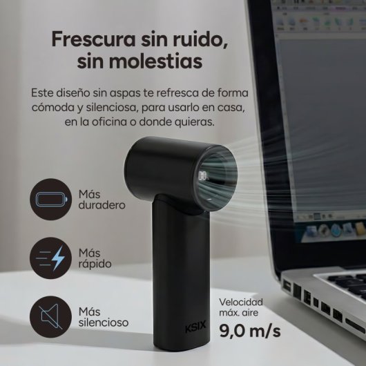 Mini Ventoinha Portátil Ksix Airgo Turbo 5 Velocidades 9,0 m/s 17.400 rpm Bateria 3.000 mAh USB-C Ecrã LED Preta